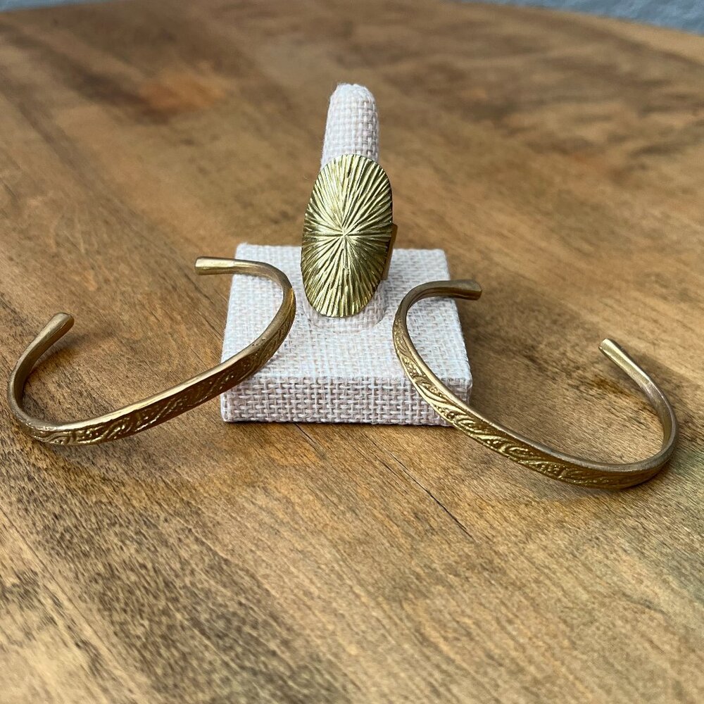 Brass Etched / Engraved Adjustable Ring and Two Bracelet Cuffs by Sweet Bella